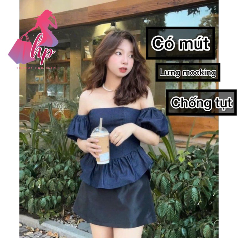 Áo trễ vai có mút, áo nữ bẹt vai tay bồng tôn dáng G300