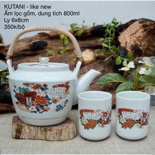 Bộ ấm trà 2ly hoa xe phú quý kutani ware - gốm sứ nhật bản