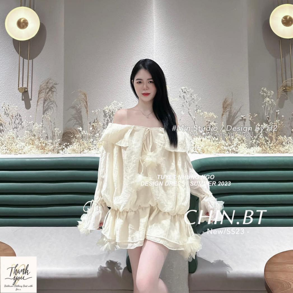 -Áo kiểu trễ vai hàng Quảng Châu phong cách tiểu thư kèm ảnh thật
