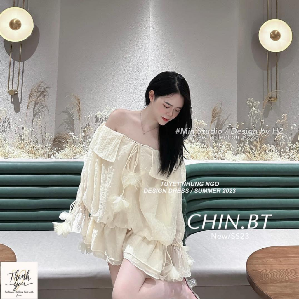 -Áo kiểu trễ vai hàng Quảng Châu phong cách tiểu thư kèm ảnh thật