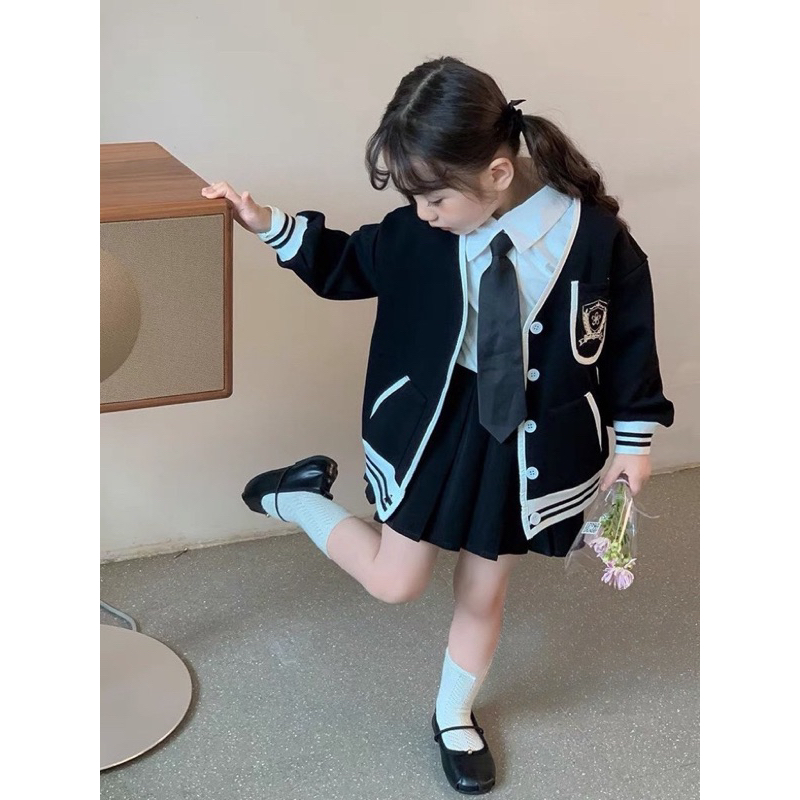 Đồng phục học sinh bé gái, set váy đồng phục 4ct: áo sơ mi, áo khoác, chân váy và cà vạt cho bé 12-33kg