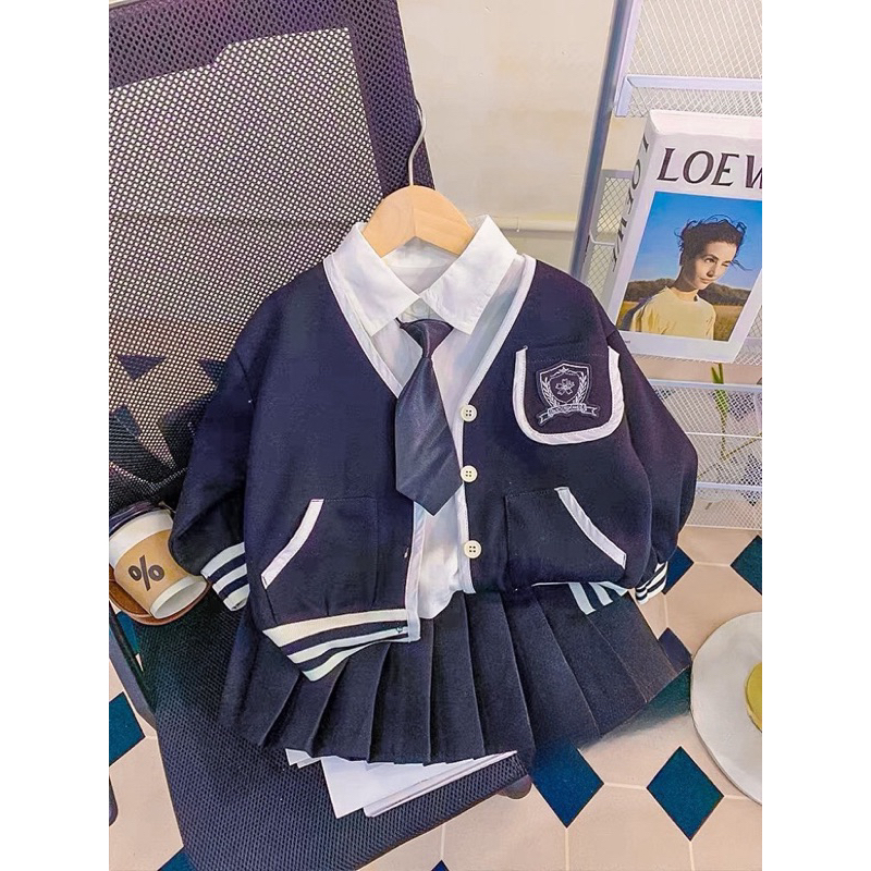 Đồng phục học sinh bé gái, set váy đồng phục 4ct: áo sơ mi, áo khoác, chân váy và cà vạt cho bé 12-33kg