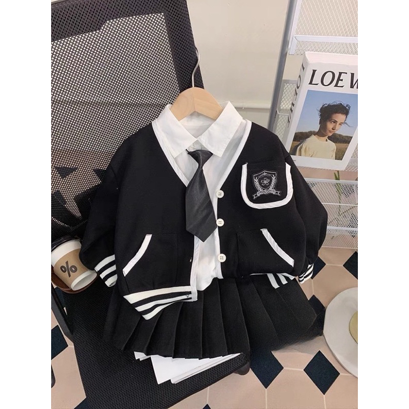 Đồng phục học sinh bé gái, set váy đồng phục 4ct: áo sơ mi, áo khoác, chân váy và cà vạt cho bé 12-33kg