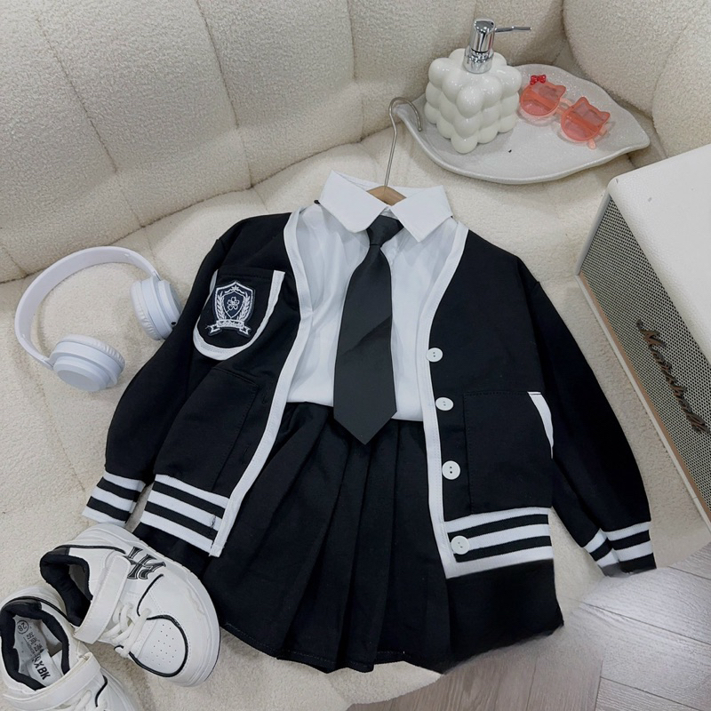 Đồng phục học sinh bé gái, set váy đồng phục 4ct: áo sơ mi, áo khoác, chân váy và cà vạt cho bé 12-33kg