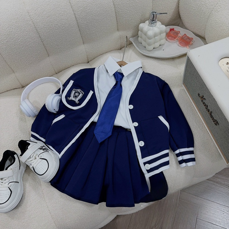 Đồng phục học sinh bé gái, set váy đồng phục 4ct: áo sơ mi, áo khoác, chân váy và cà vạt cho bé 12-33kg