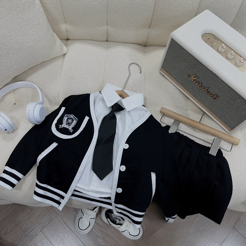 Đồng phục học sinh bé gái, set váy đồng phục 4ct: áo sơ mi, áo khoác, chân váy và cà vạt cho bé 12-33kg