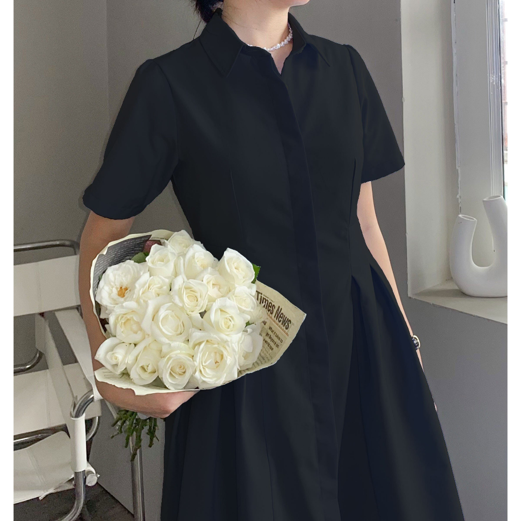 Đầm sơ mi midi xếp ly eo