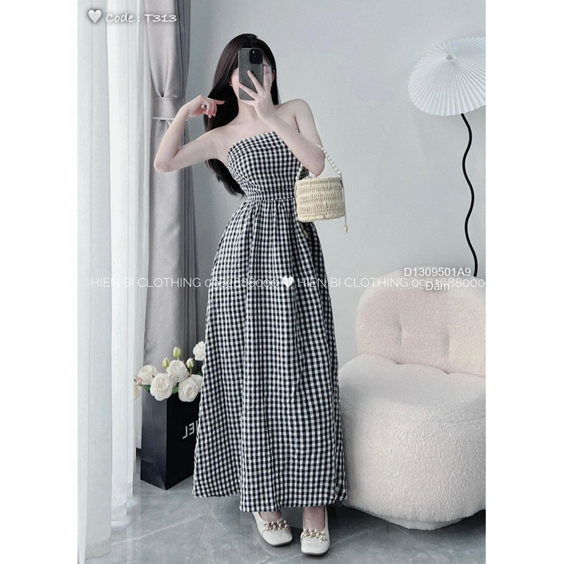 Đầm quây sọc caro chun lưng dáng dài xoè!