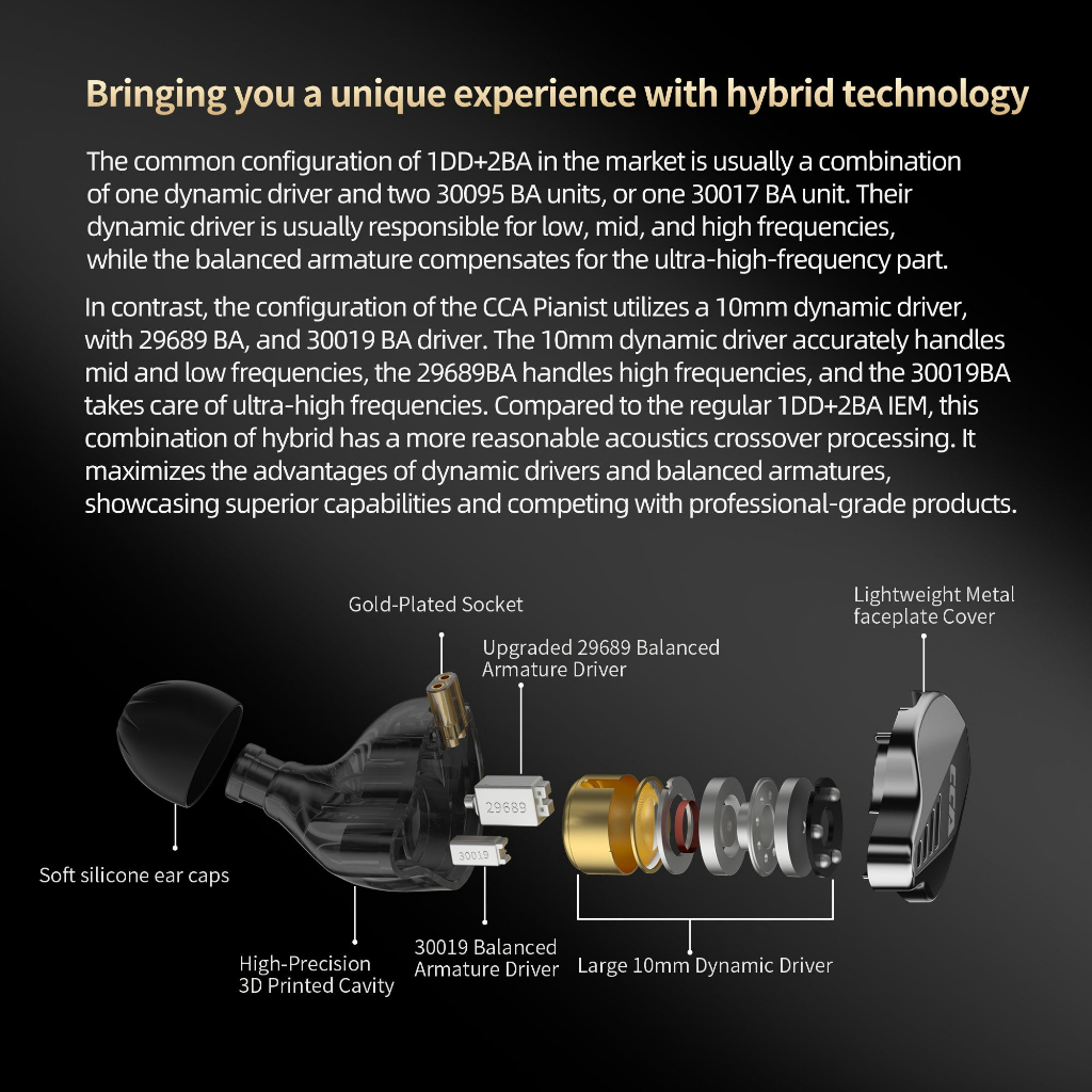 Tai Nghe CCA PIANIST | 1DD + 2 BA | ACOUSTIC CLASSICAL VOCAL POP | CÓ MIC