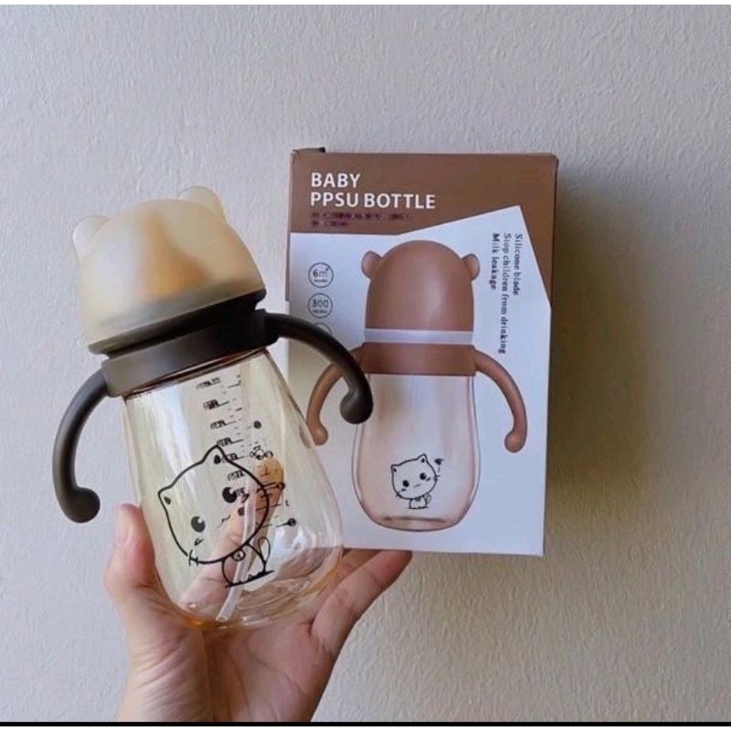 Bình sữa PPSU hoạ tiết Mèo 240ml/300ml kèm tay cầm và van chống sặc