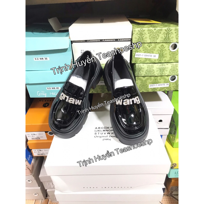 Giày lười đế bằng Moca wang  6cm siêu nhẹ,giày đốc lolita mũi tròn đính đá đế răng cưa,giày loafer búp bê công chúa