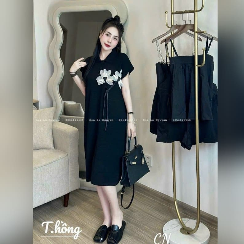 Đầm Bầu Tết Váy Bầu Cổ Sơ Mi Dáng Suong Đính Hoa Thời Trang Dễ Mặc Chất Thun Mềm Mại HD2703 Honey Mommy