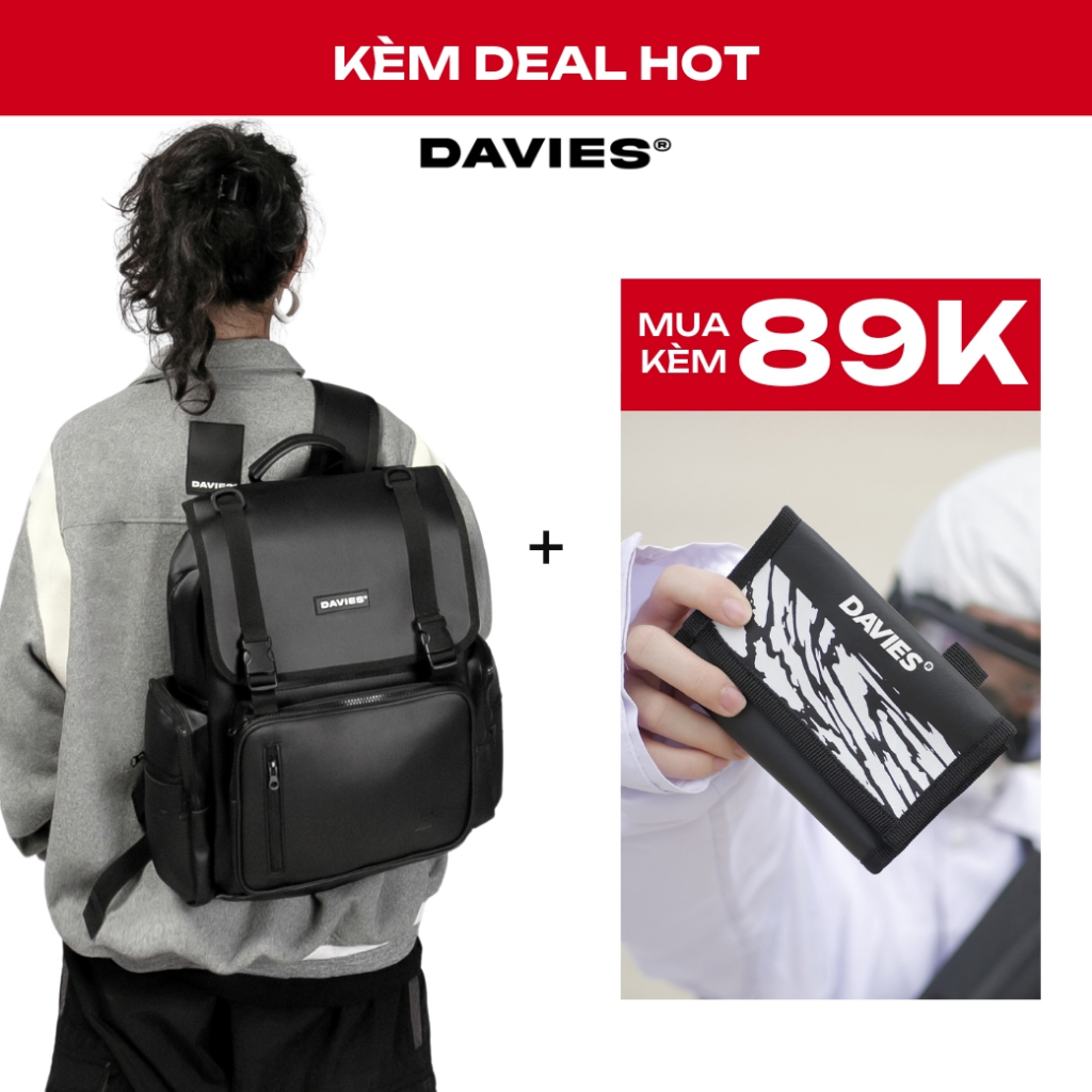 Balo đi học da nam nữ Davies màu đen Leather Box Backpack |D-P35