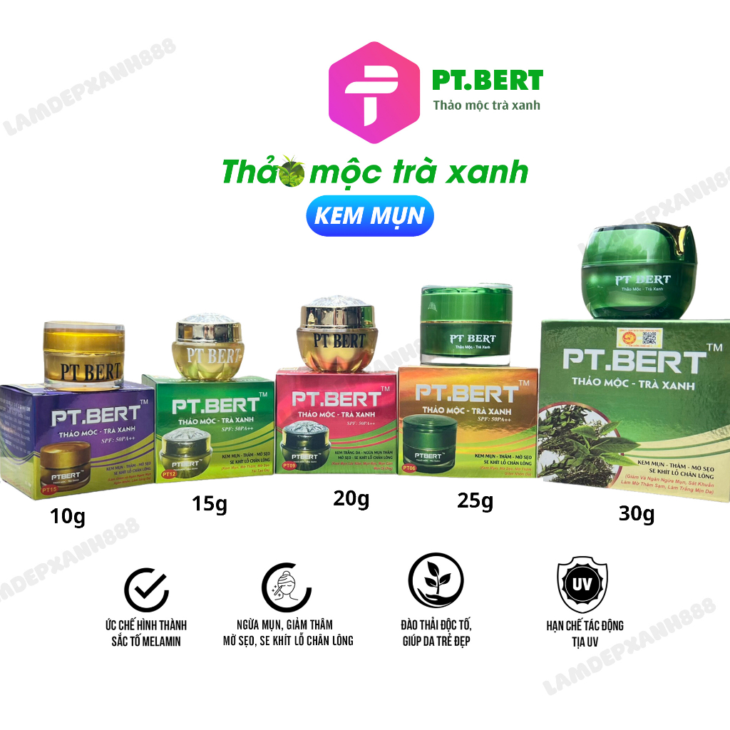 PTBERT kem mụn, giảm thâm, mờ sẹo chiết xuất từ thảo mộc trà xanh, Dung tích: 10g/15g/20g/25g/30g