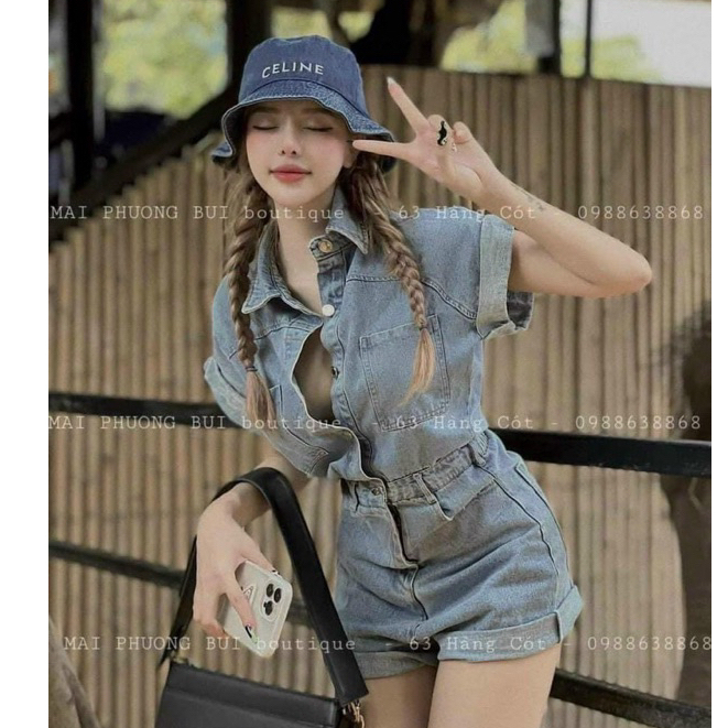 Set Jumpsuit đùi jeans bigsize cổ sơ mi tay ngắn phối 2 túi trẻ trung năng động 55 - 90kg