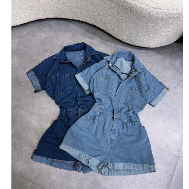 Set Jumpsuit đùi jeans bigsize cổ sơ mi tay ngắn phối 2 túi trẻ trung năng động 55 - 90kg