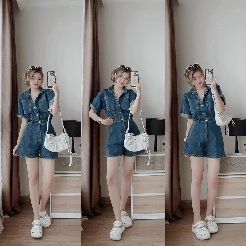 Set Jumpsuit đùi jeans bigsize cổ sơ mi tay ngắn phối 2 túi trẻ trung năng động 55 - 90kg