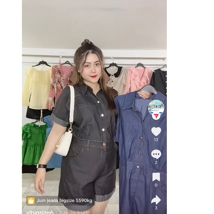 Set Jumpsuit đùi jeans bigsize cổ sơ mi tay ngắn phối 2 túi trẻ trung năng động 55 - 90kg