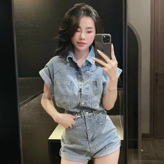 Set Jumpsuit đùi jeans bigsize cổ sơ mi tay ngắn phối 2 túi trẻ trung năng động 55 - 90kg