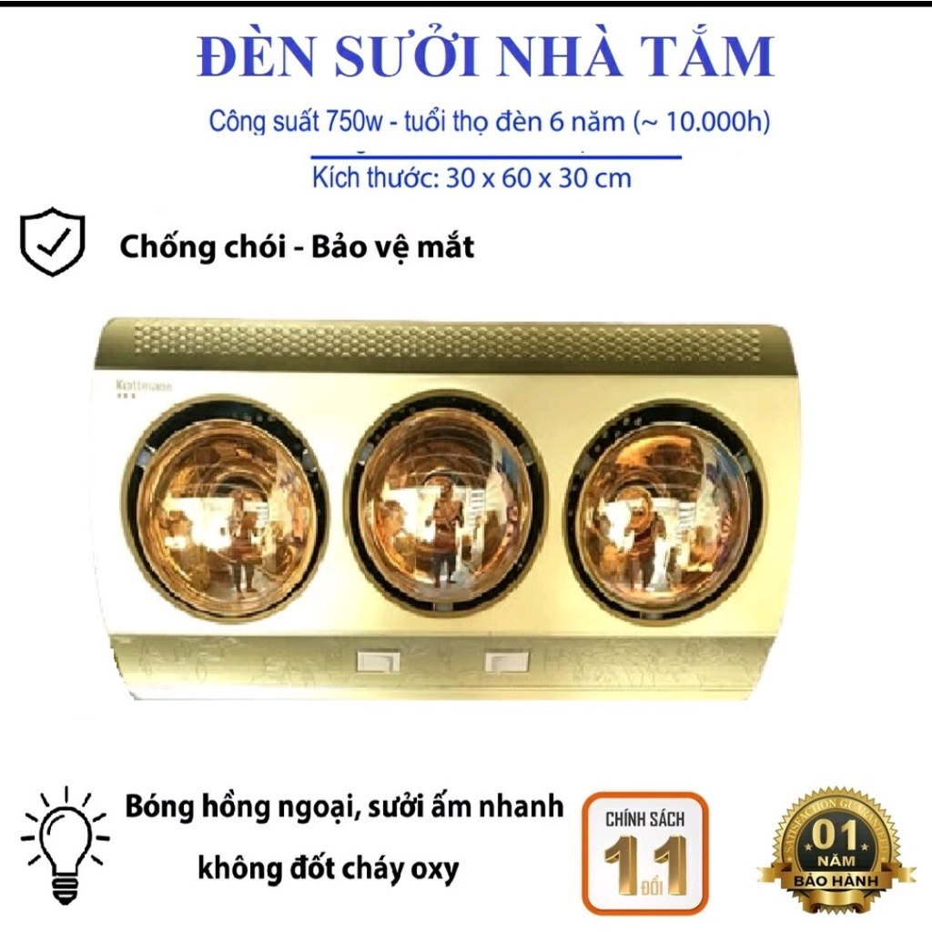 Đèn Sưởi Nhà Tắm Treo Tường 3 Bóng, 2 Bóng Cao Cấp Chính Hãng