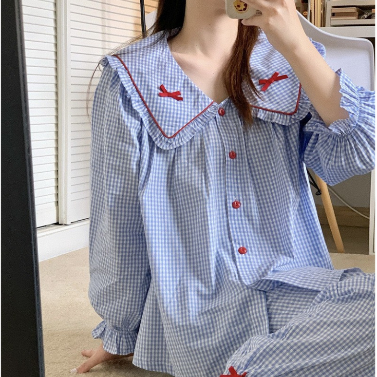 Bộ Đồ Ngủ Đồ Mặc Nhà Pijama Kẻ Caro Tiểu Thư Có Chun Tay Đính Nơ Chất Đũi Xốp Mềm Mại Thu Đông Dành Cho Nữ