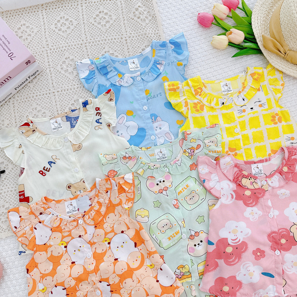 Đồ bộ mặc nhà vải tôn -Mẫu sơ mi cài cúc mềm mịn mát kiểu dáng xinh xắn đáng yêu cho Bé Gái 7-13kg