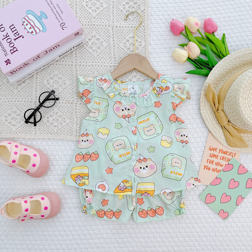 Đồ bộ mặc nhà vải tôn -Mẫu sơ mi cài cúc mềm mịn mát kiểu dáng xinh xắn đáng yêu cho Bé Gái 7-13kg