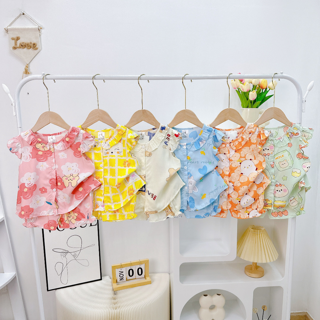 Đồ bộ mặc nhà vải tôn -Mẫu sơ mi cài cúc mềm mịn mát kiểu dáng xinh xắn đáng yêu cho Bé Gái 7-13kg