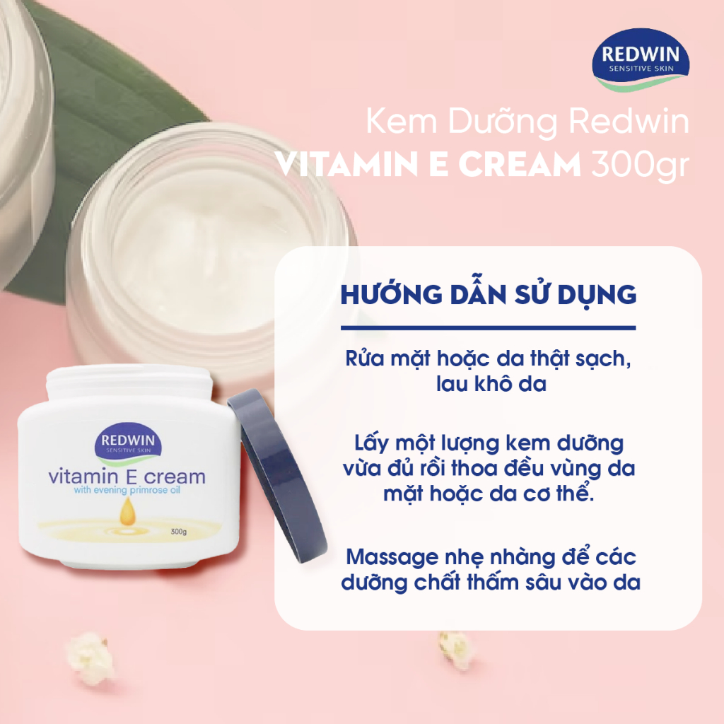Kem dưỡng ẩm trắng da body Redwin Vitamin E Cream 300g Úc giữ ẩm cho làn da, giảm nứt nẻ da do thời tiết mùa đông