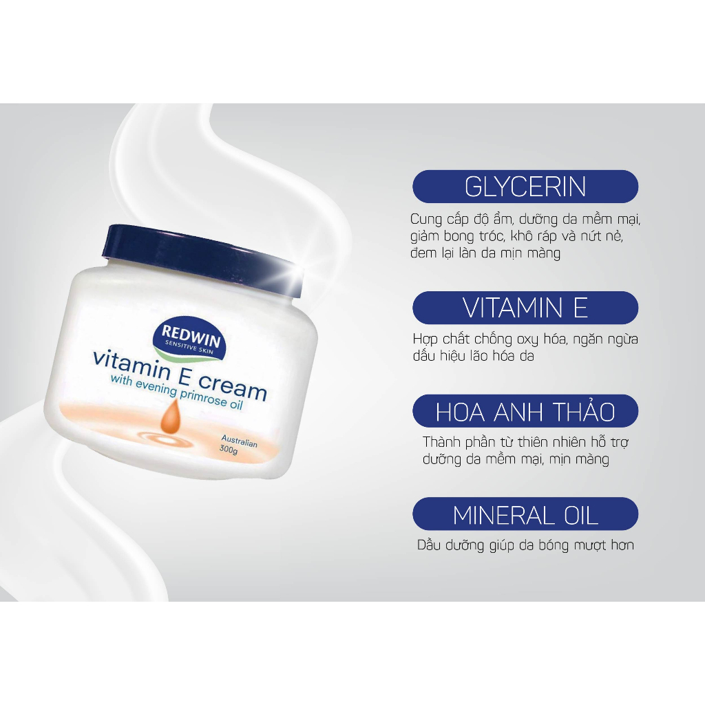 Kem dưỡng ẩm trắng da body Redwin Vitamin E Cream 300g Úc giữ ẩm cho làn da, giảm nứt nẻ da do thời tiết mùa đông