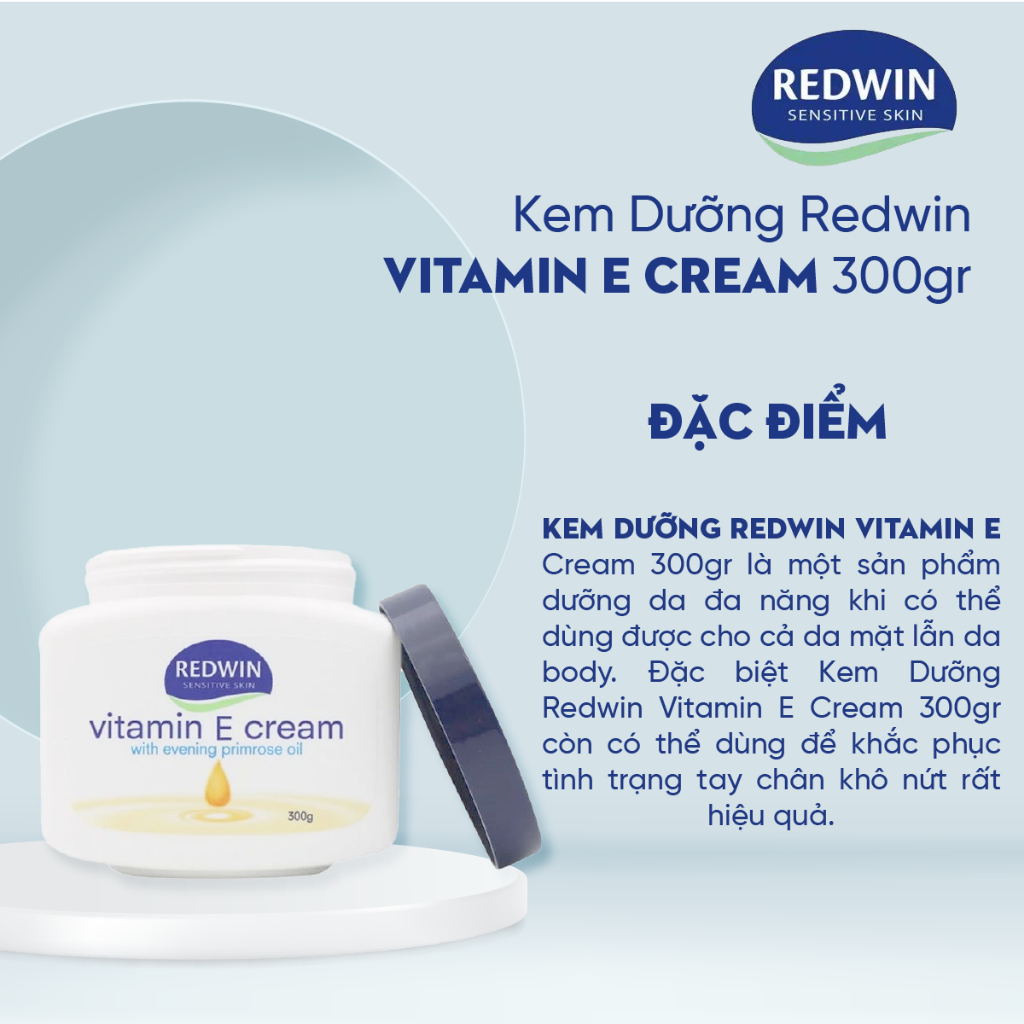 Kem dưỡng ẩm trắng da body Redwin Vitamin E Cream 300g Úc giữ ẩm cho làn da, giảm nứt nẻ da do thời tiết mùa đông