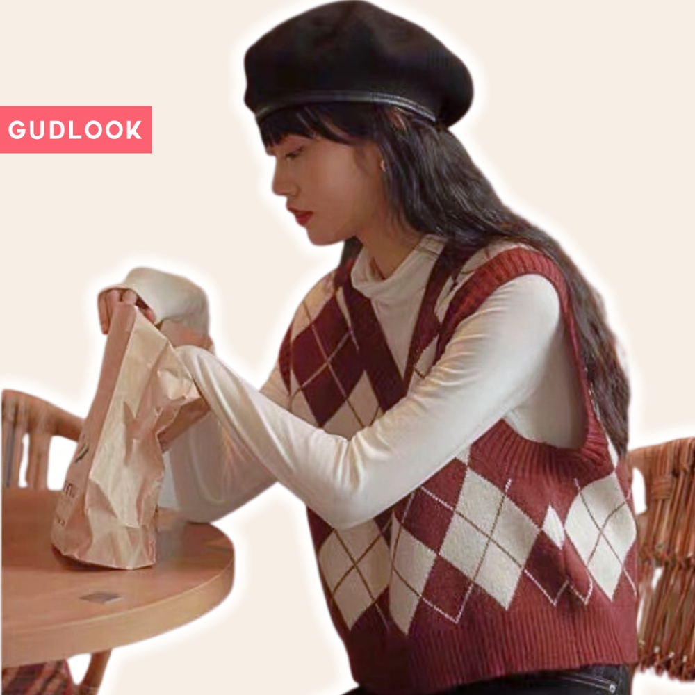 Áo Gile Len Nữ GUDLOOK Hoạ Tiết Caro Kim Cương Màu Đen Nâu Đỏ