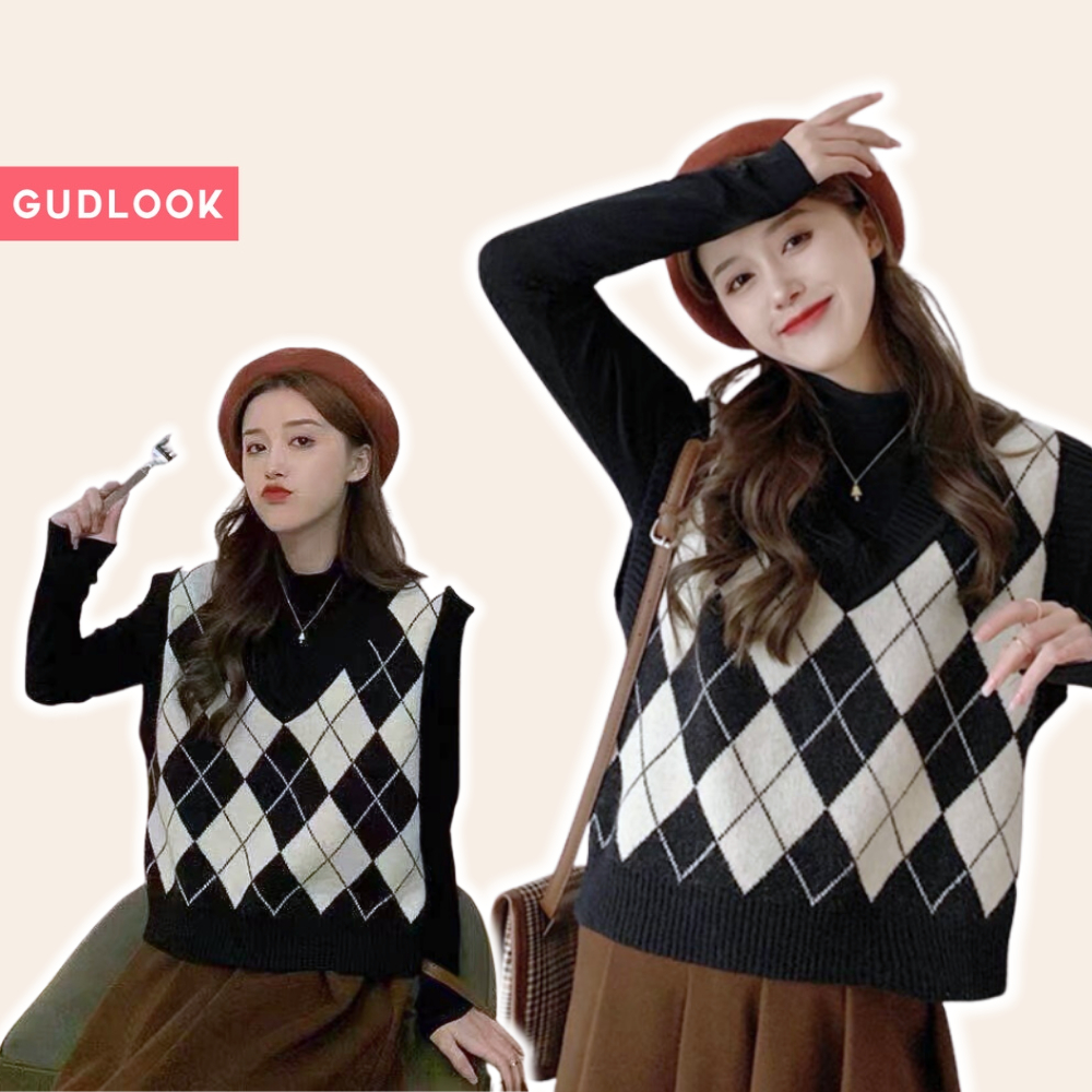 Áo Gile Len Nữ GUDLOOK Hoạ Tiết Caro Kim Cương Màu Đen Nâu Đỏ