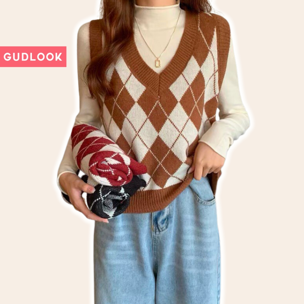 Áo Gile Len Nữ GUDLOOK Hoạ Tiết Caro Kim Cương Màu Đen Nâu Đỏ