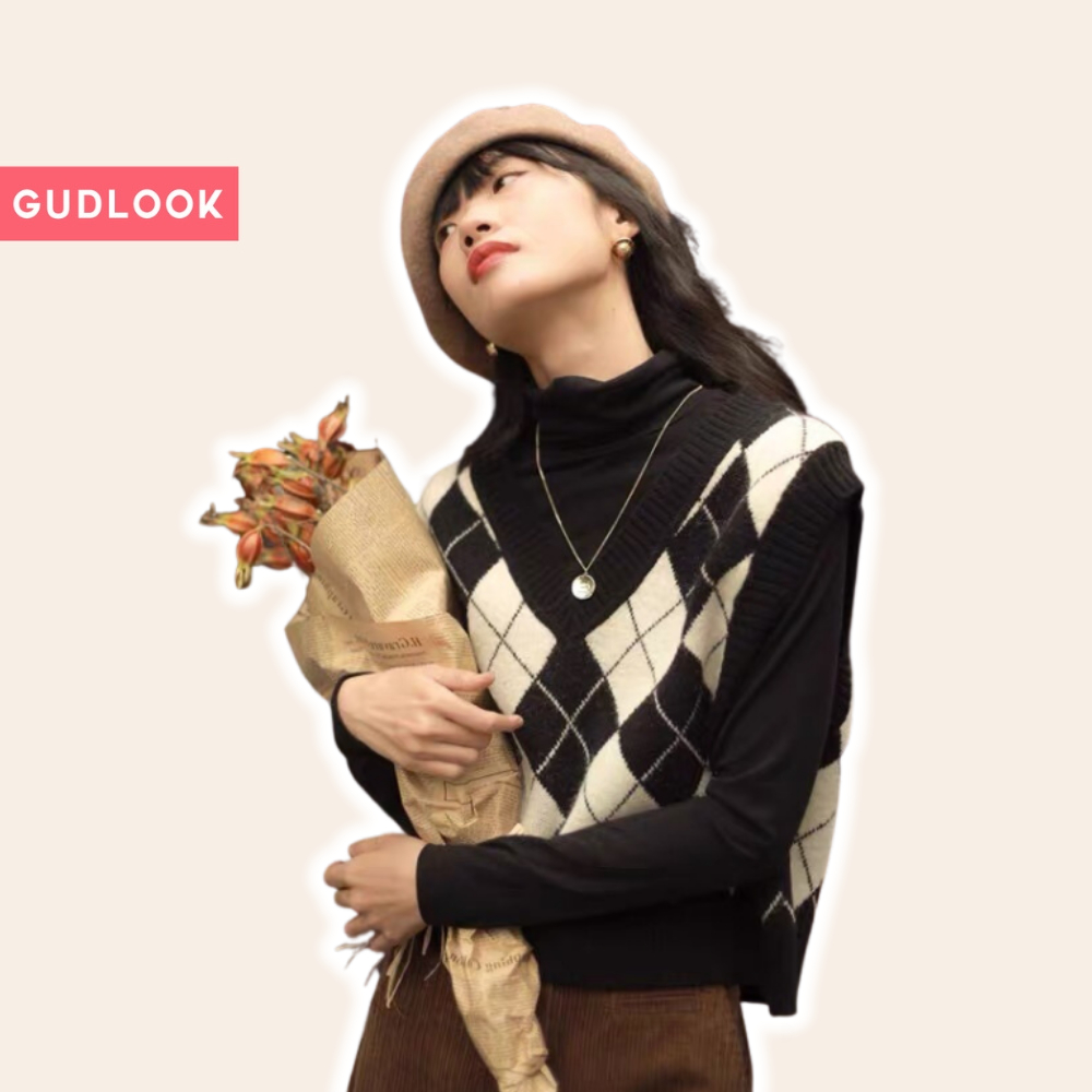 Áo Gile Len Nữ GUDLOOK Hoạ Tiết Caro Kim Cương Màu Đen Nâu Đỏ