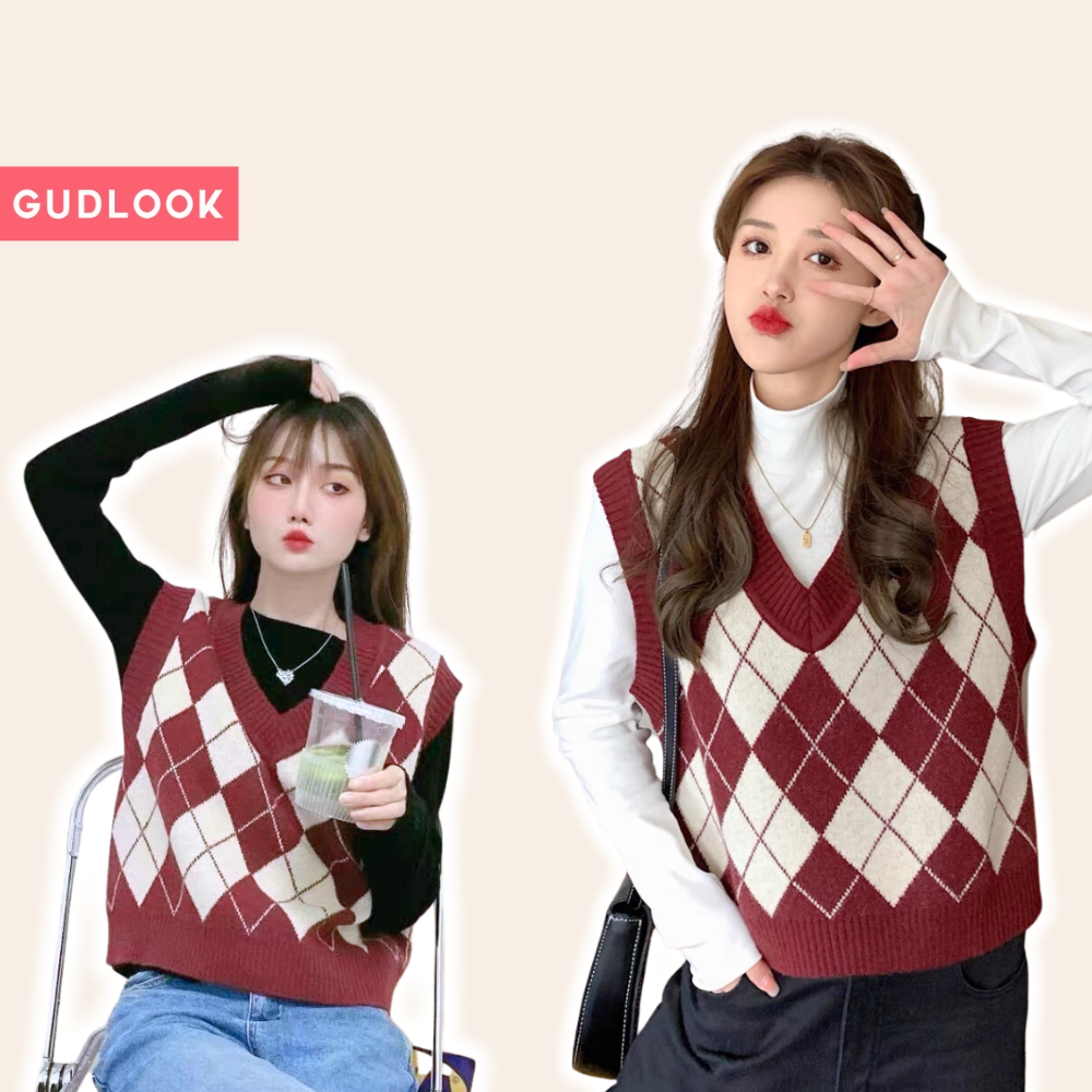 Áo Gile Len Nữ GUDLOOK Hoạ Tiết Caro Kim Cương Màu Đen Nâu Đỏ