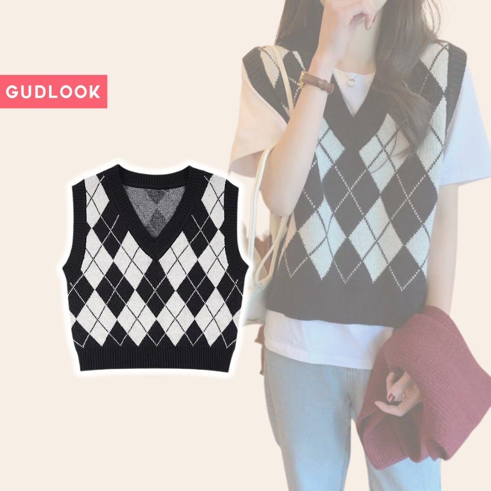 Áo Gile Len Nữ GUDLOOK Hoạ Tiết Caro Kim Cương Màu Đen Nâu Đỏ