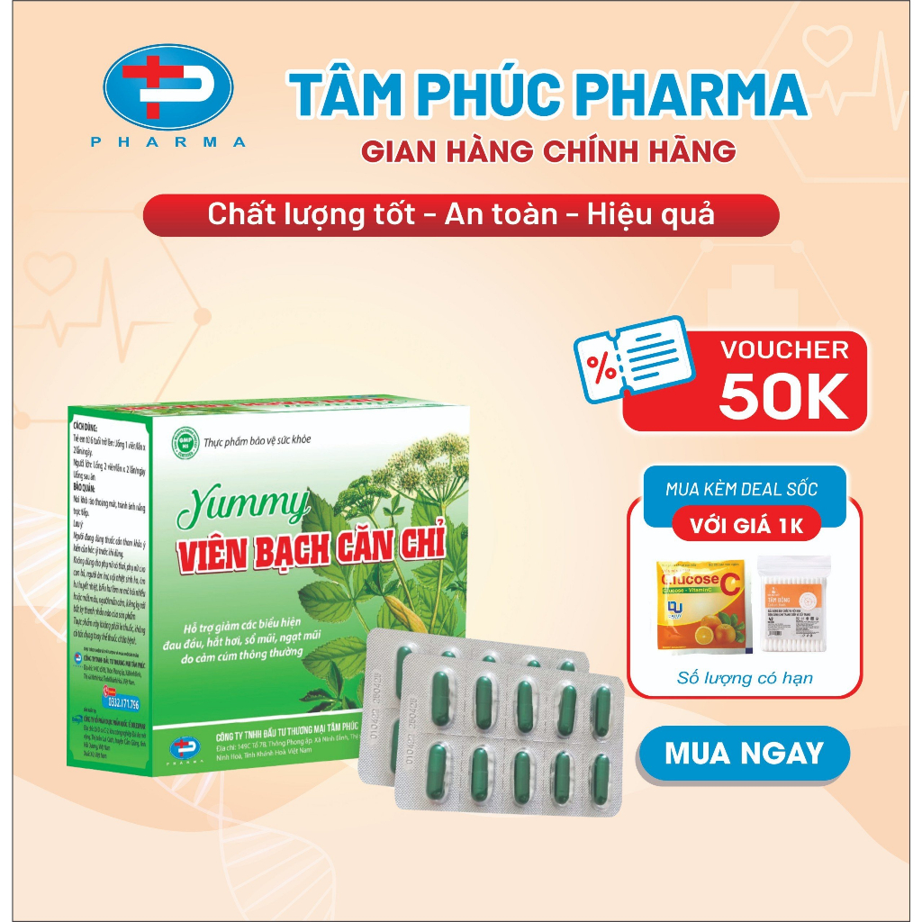 Viên Nang Yummy Viên Bạch Căn Chỉ TÂM PHÚC PHARMA Hỗ Trợ Giảm Đau Đầu Sổ Mũi Ngạt Thở Do Cảm Cúm Thông Thường