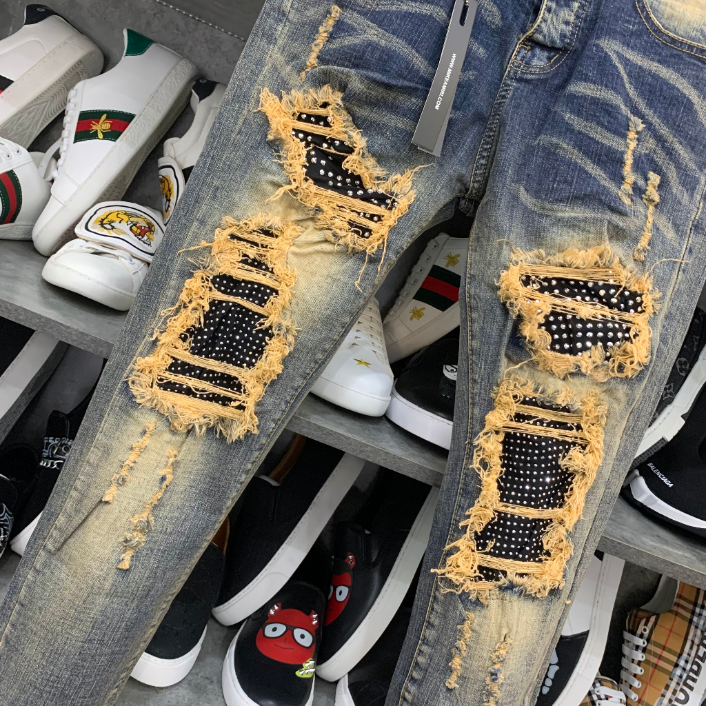 Quần jean bò nam Amiri slimfit xanh bụi rách xù to đùi gối vá vải đính đá bạc 4 cúc boy phố cực đẹp hot trend 2023
