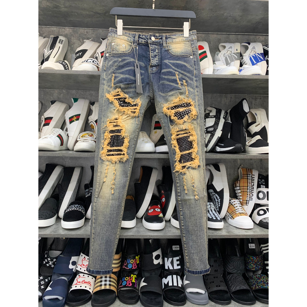 Quần jean bò nam Amiri slimfit xanh bụi rách xù to đùi gối vá vải đính đá bạc 4 cúc boy phố cực đẹp hot trend 2023