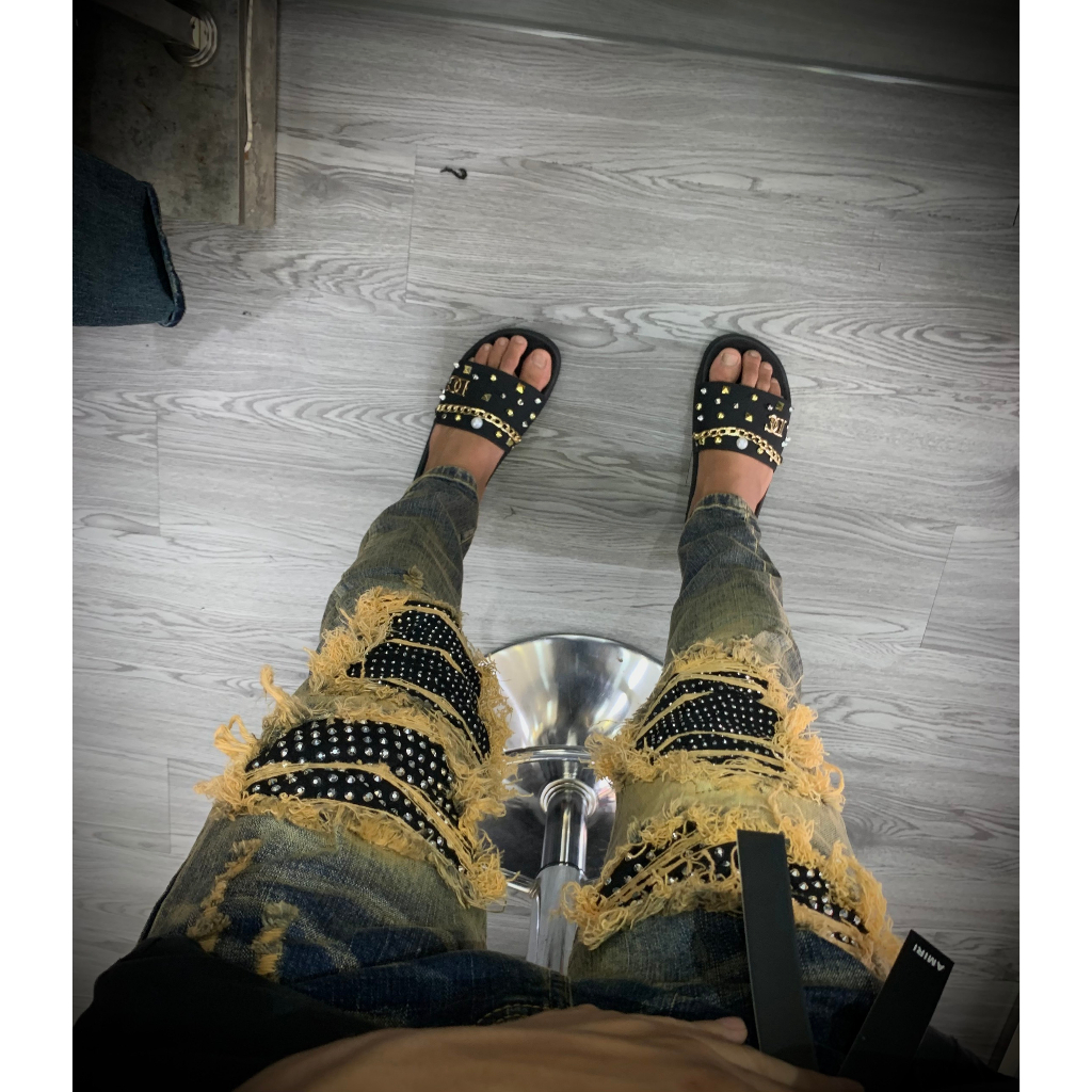 Quần jean bò nam Amiri slimfit xanh bụi rách xù to đùi gối vá vải đính đá bạc 4 cúc boy phố cực đẹp hot trend 2023