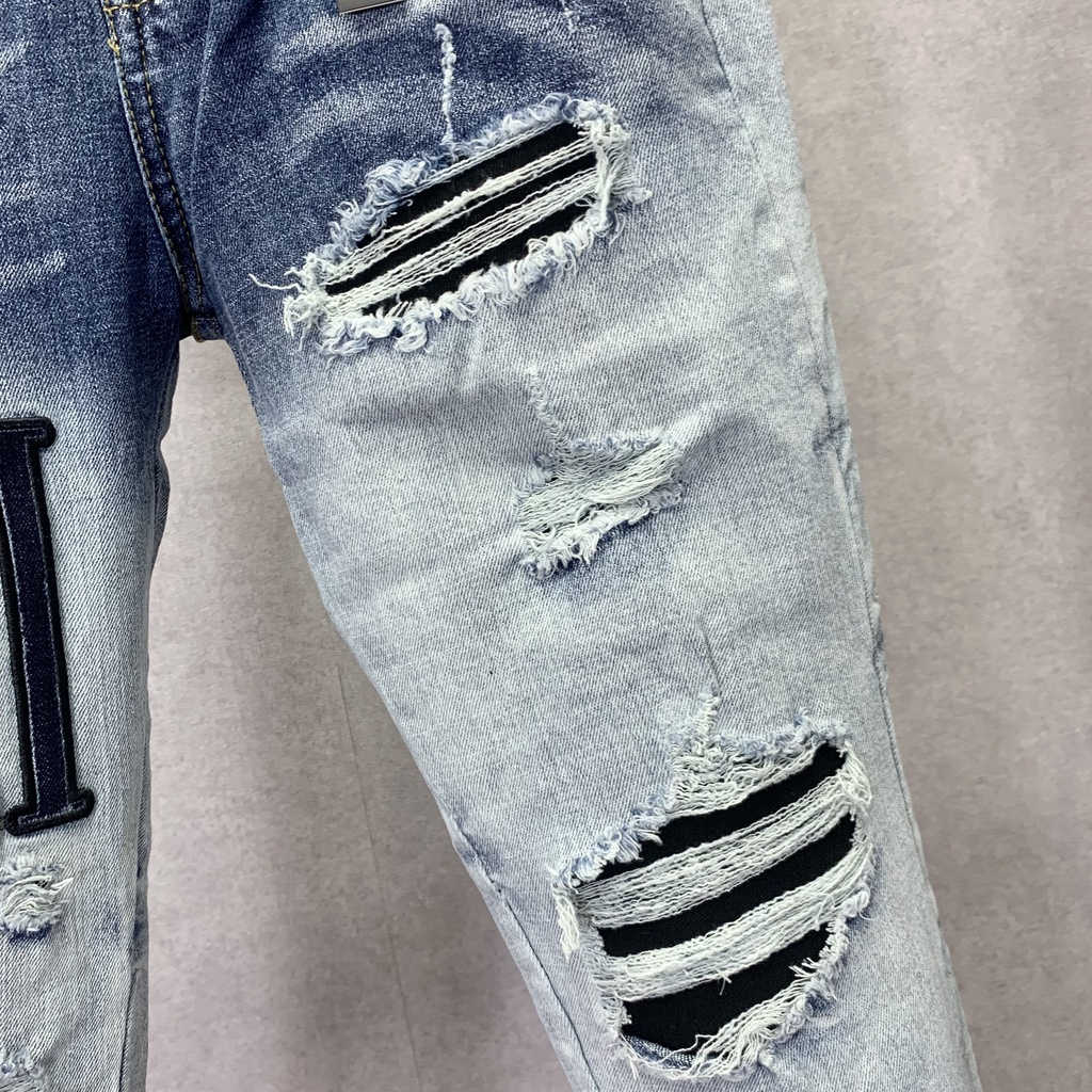 Quần jean bò nam Amiri slimfit xanh khói rách tua lót vải đen thêu chữ đùi phối ống loang xếp sóng cực đẹp hot 2023