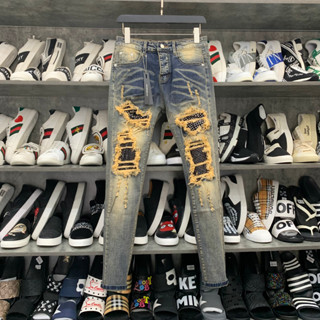 Quần jean bò nam Amiri slimfit xanh bụi rách xù to đùi gối vá vải đính đá bạc 4 cúc boy phố cực đẹp hot trend 2023