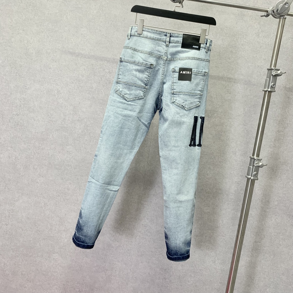 Quần jean bò nam Amiri slimfit xanh khói rách tua lót vải đen thêu chữ đùi phối ống loang xếp sóng cực đẹp hot 2023