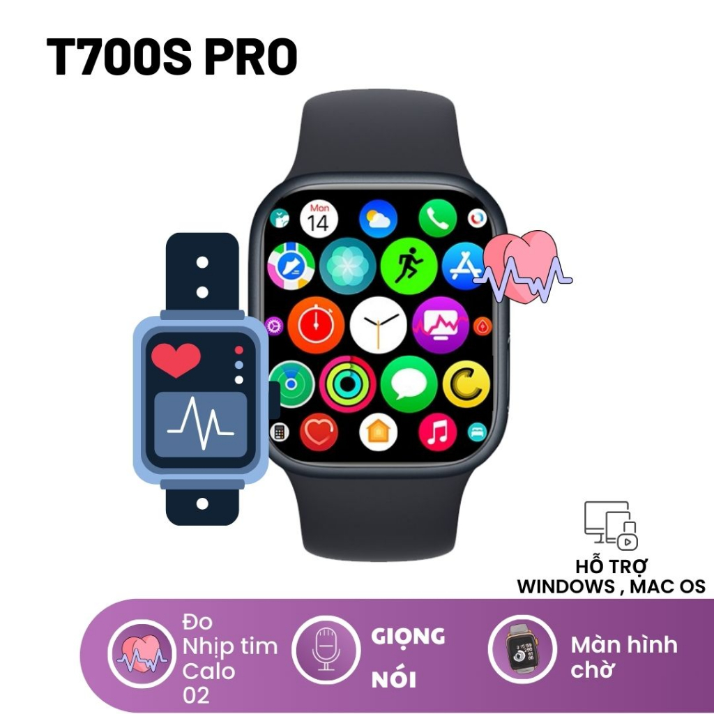 Đồng hồ thông minh SMART WATCH T700s Pro Tiếng Việt - Cảm biến cử chỉ - Voice giọng nói - Màn hình chờ AOD