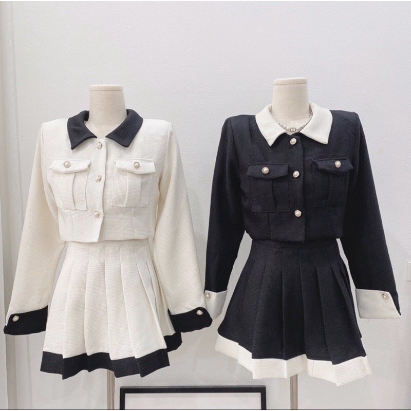 SET DẠ CROPTOP PHỐI CỔ MIX CV XẾP LY 💃💃 Hot đỉnh của chop luôn ah 😍 Hàng Thiết kế áo croptop túi hộp