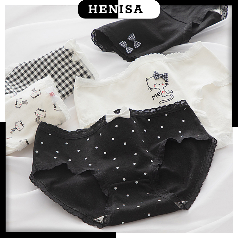 Quần Lót Nữ Cotton HENISA Trơn Tone Trắng Họa Tiết In Mèo Dễ Thương 306