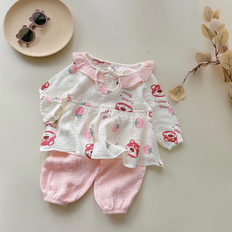 Bộ Thu Đông Dài Tay Cho Bé Gái Chất Vải Cao Cấp Xô Muslin Mềm Mịn , Bộ Đồ Ngủ Babydoll Họa Tiết Đáng Yêu