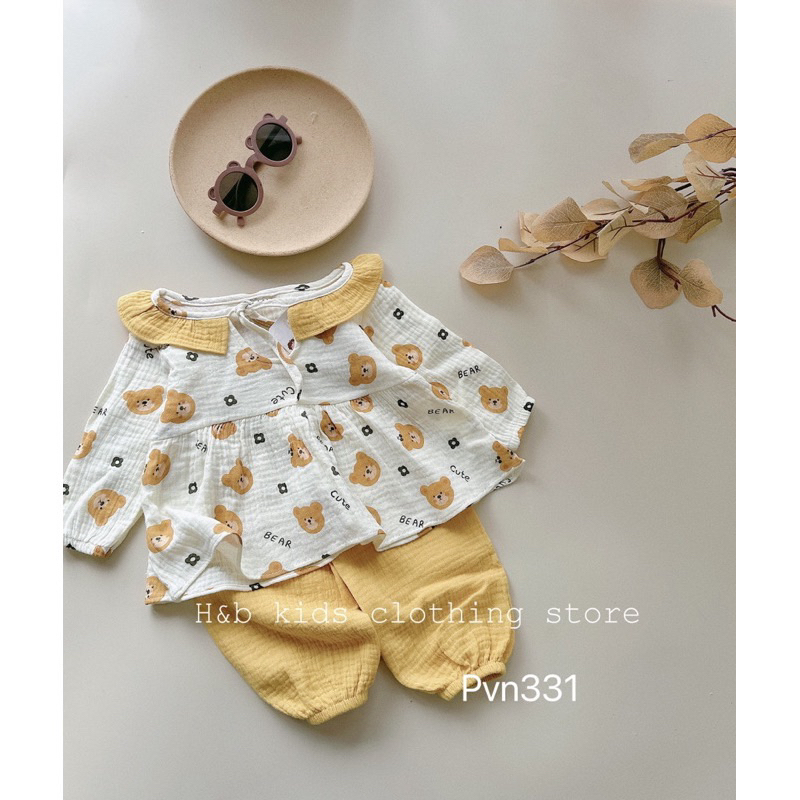 Bộ Thu Đông Dài Tay Cho Bé Gái Chất Vải Cao Cấp Xô Muslin Mềm Mịn , Bộ Đồ Ngủ Babydoll Họa Tiết Đáng Yêu