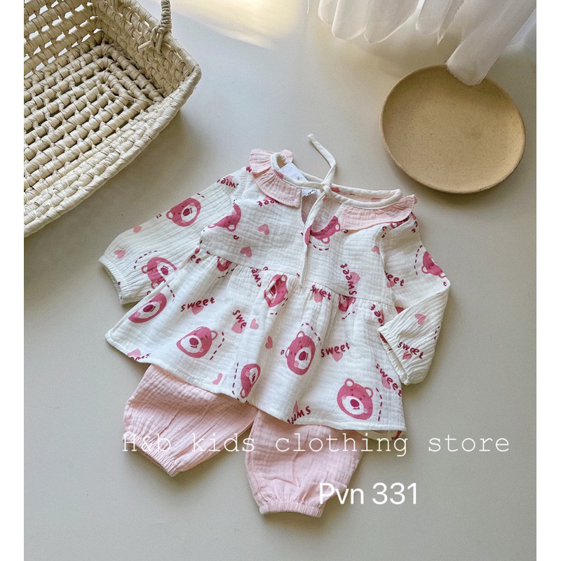 Bộ Thu Đông Dài Tay Cho Bé Gái Chất Vải Cao Cấp Xô Muslin Mềm Mịn , Bộ Đồ Ngủ Babydoll Họa Tiết Đáng Yêu